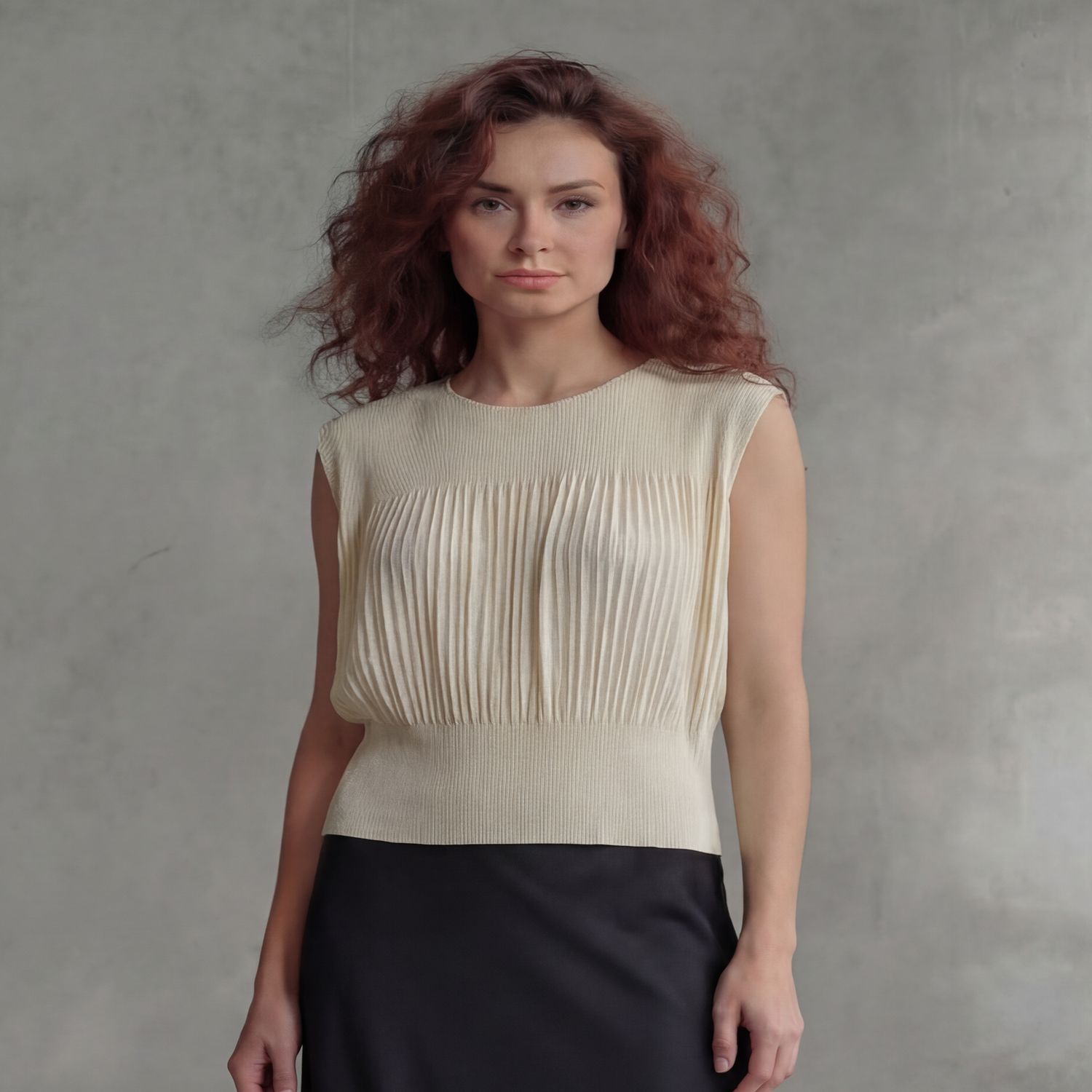 Pleating Sleeveless Top- Chiffon Flow - Almond
