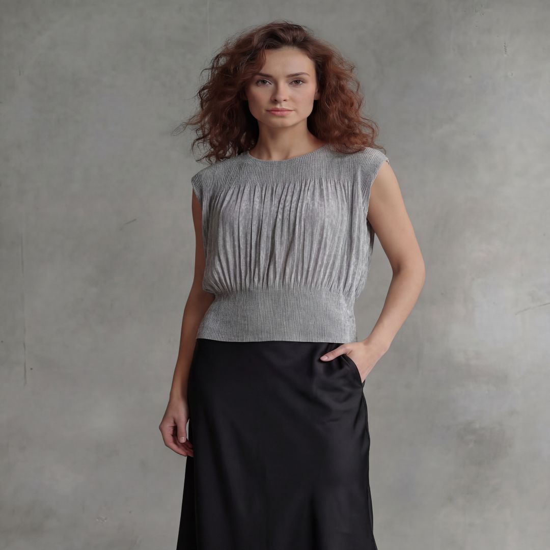 Ellyndale Pleating Long Sleeveless Top- Chiffon Flow - Black