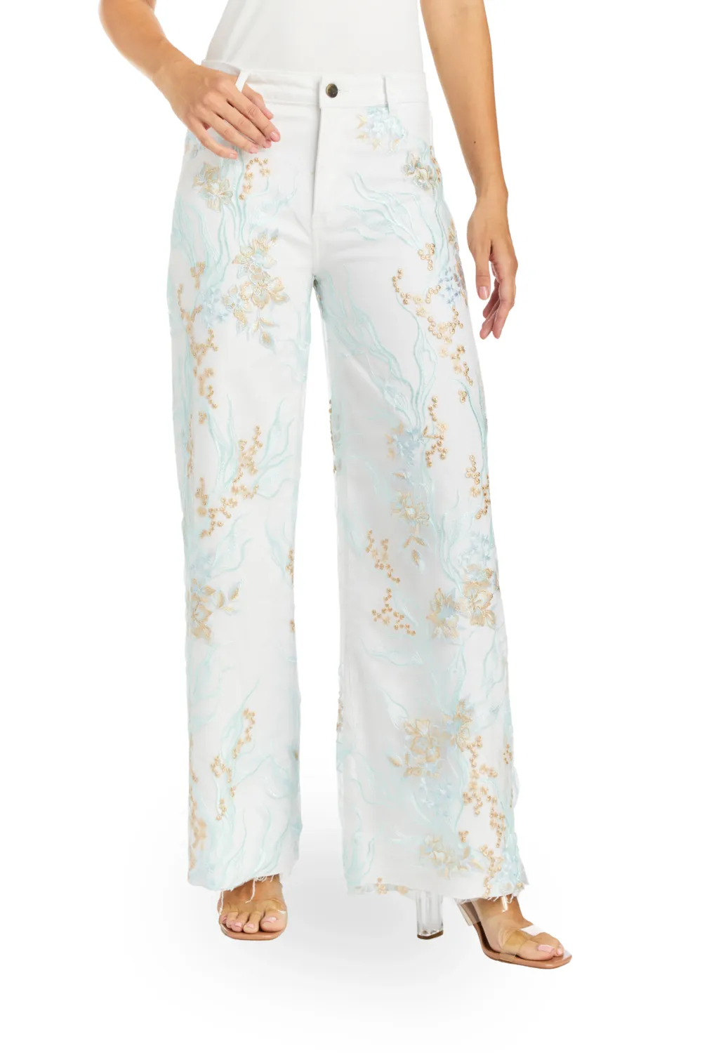 Tractr Lace Overlay Wide Leg Jeans