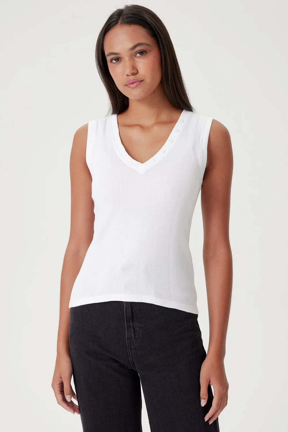 Goldie Cotton Rib Tank with V Neck Buttons - Daniella