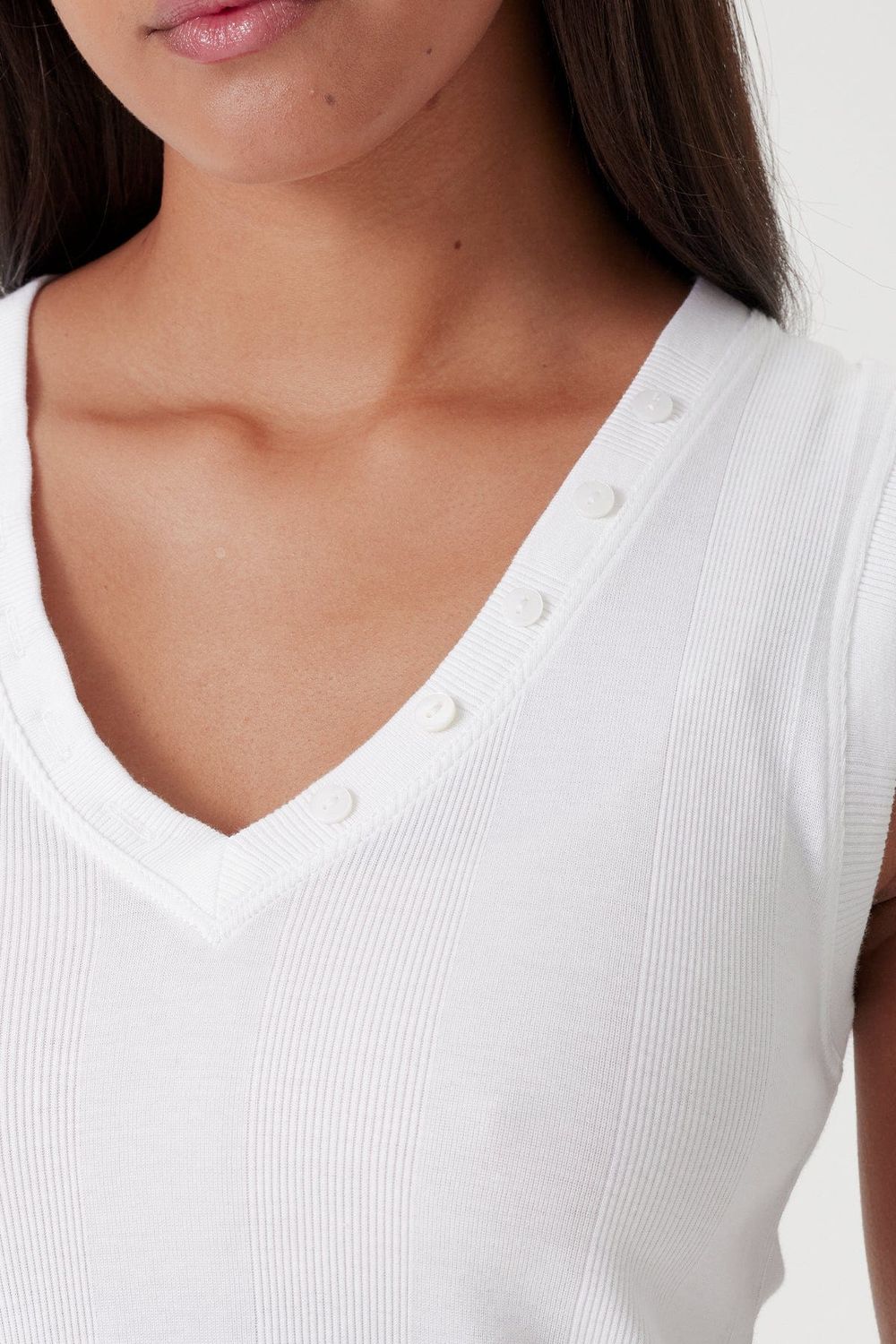 Goldie Cotton Rib Tank with V Neck Buttons - Daniella