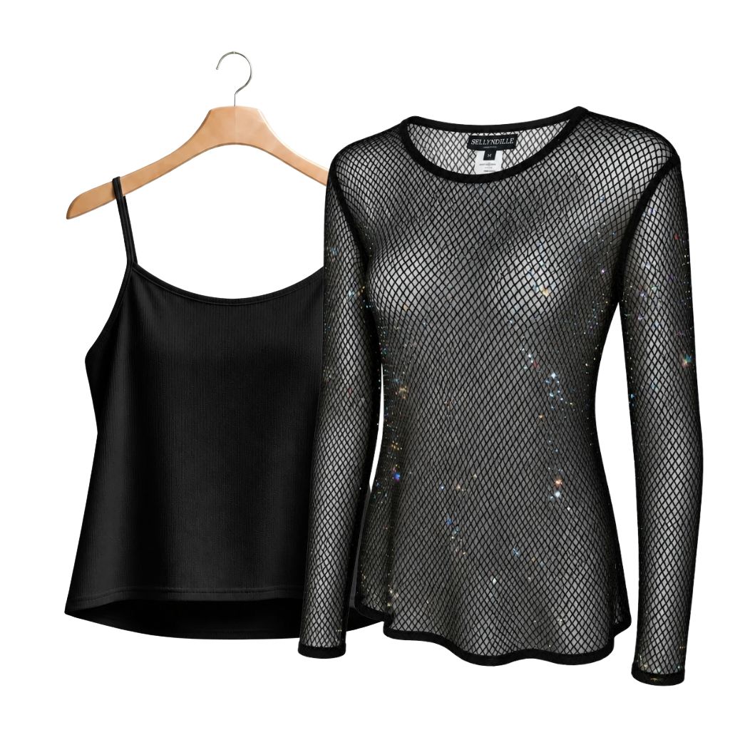 Ellyndale Diamond Mesh long sleeve top with matching Camisole (Black)