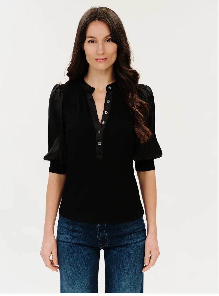 Six/Fifty Grace Mixed Media Ribbed Top Satin Sleeve Top