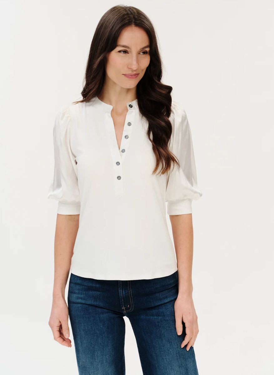 Six/Fifty Grace Mixed Media Ribbed Top Satin Sleeve Top