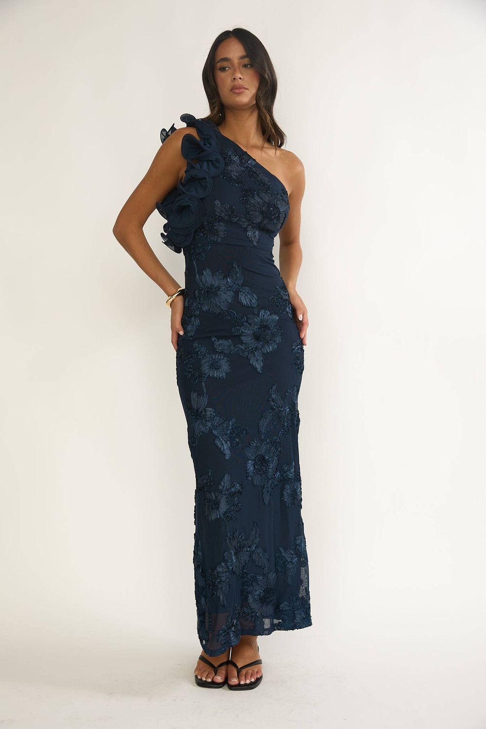 ONE SHOULDER FLORAL MAXI DRESS / 64502J19, Color: NAVY, Size: XS