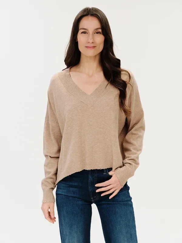 Six/Fifty Geneva V-Neck Frayed Trim Sweater