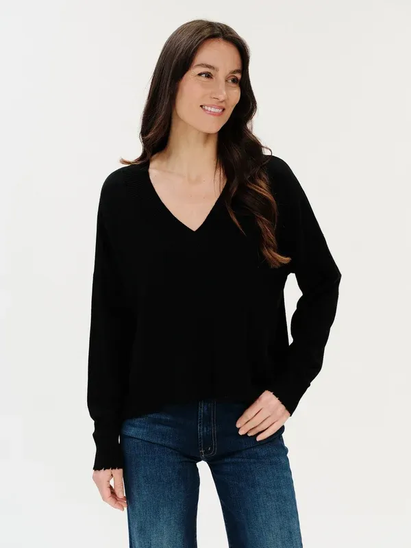 Six/Fifty Geneva V-Neck Frayed Trim Sweater