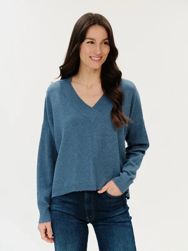 Six/Fifty Geneva V-Neck Frayed Trim Sweater