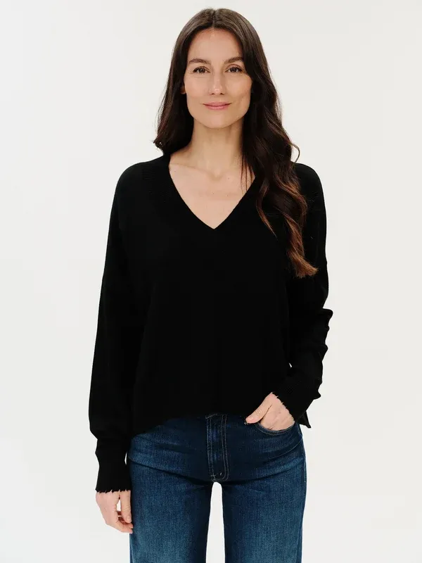 Six/Fifty Geneva V-Neck Frayed Trim Sweater