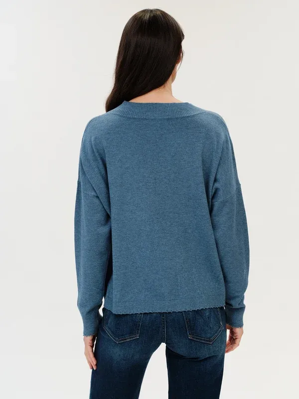 Six/Fifty Geneva V-Neck Frayed Trim Sweater
