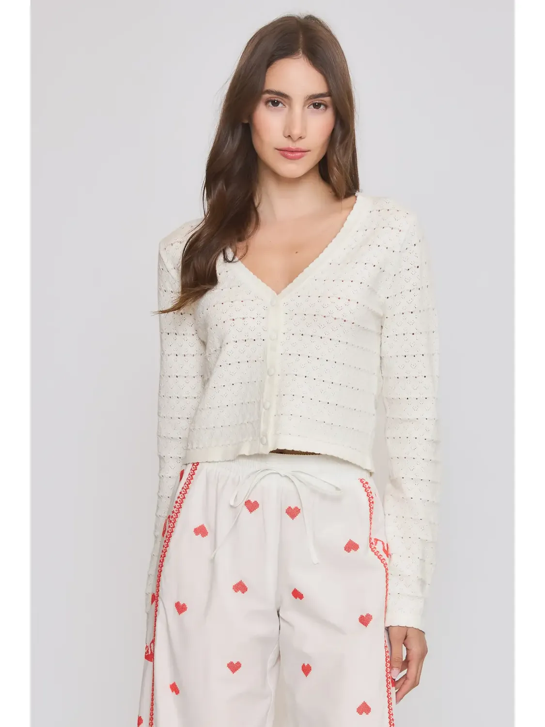 Cropped Pointelle Knit Button-Up Cardigan
