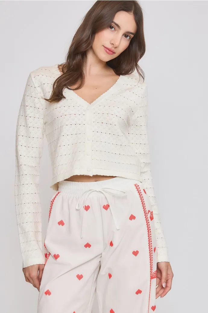 Cropped Pointelle Knit Button-Up Cardigan