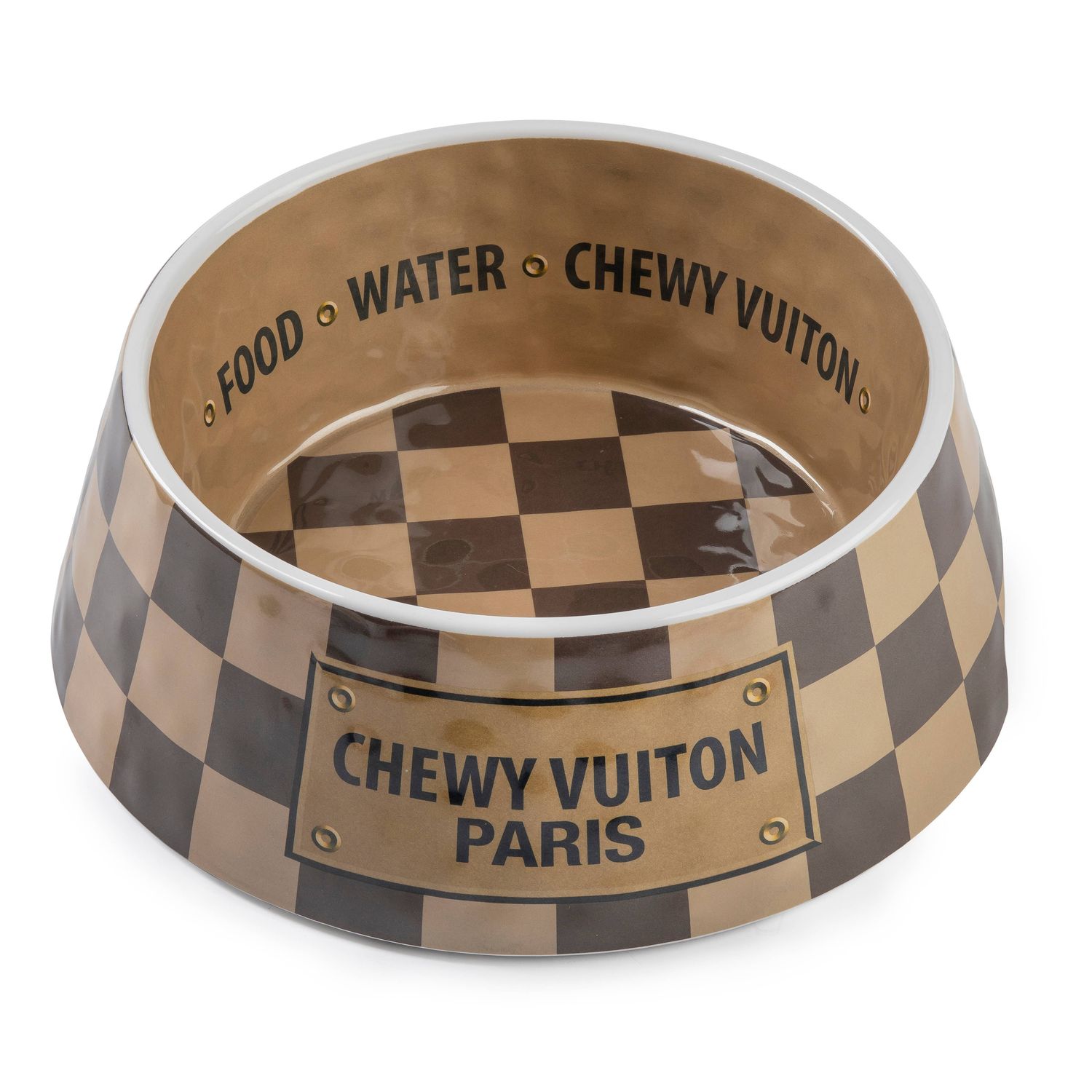Tan Checker Chewy Vuiton Bowl - Cat or Dog Bowls