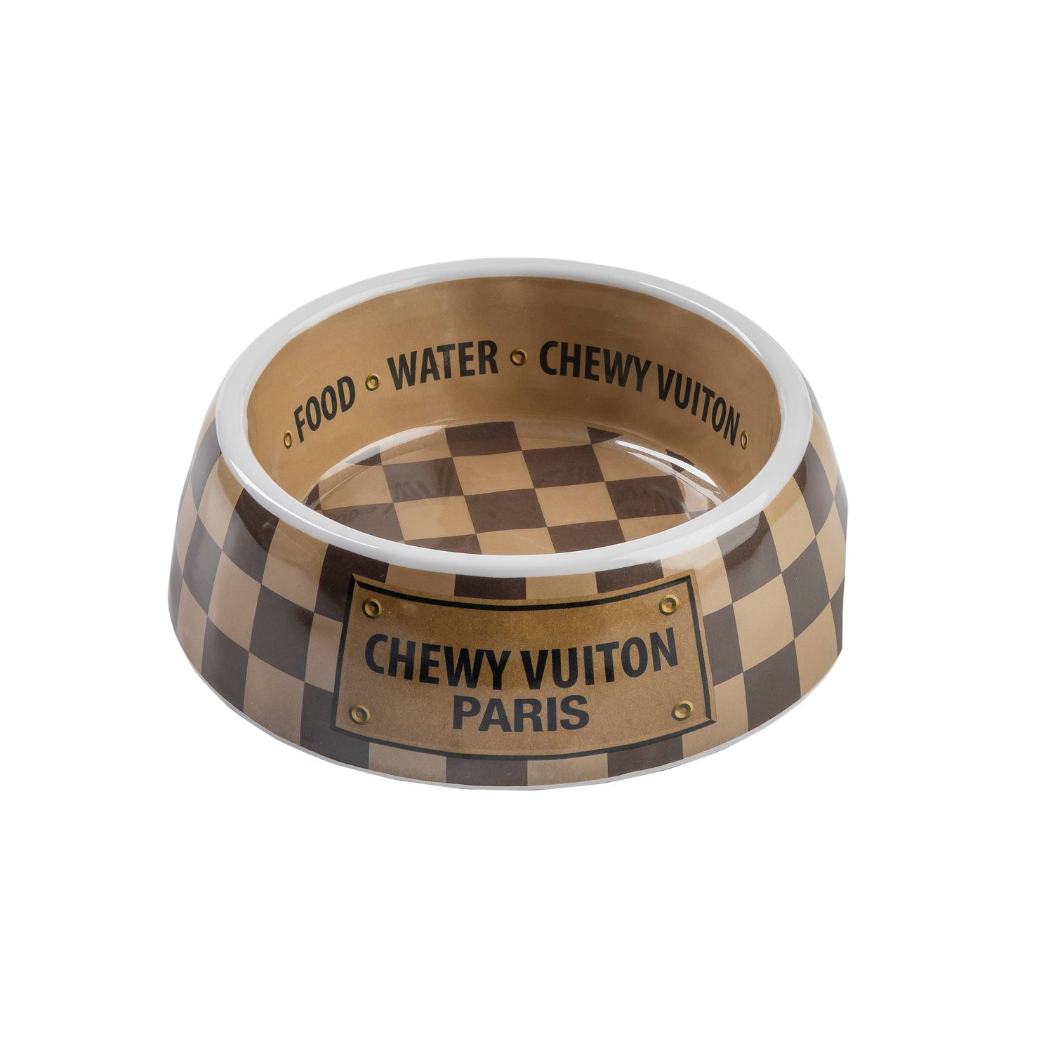 Tan Checker Chewy Vuiton Bowl - Cat or Dog Bowls, Size: Small