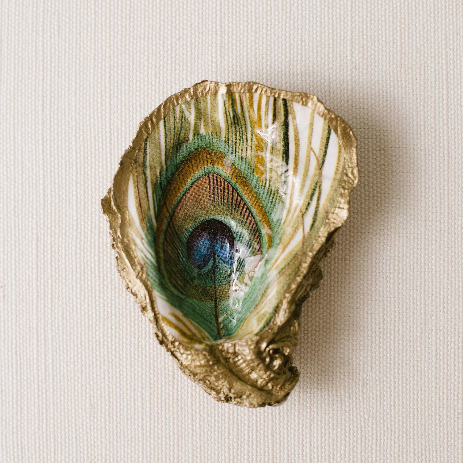 Decoupage Oyster Jewelry Dish: Peacock Feather, Size: Regular