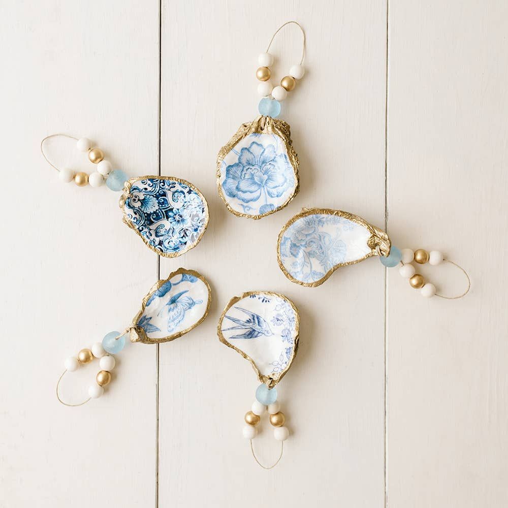 Decoupage Oyster Shell Ornament: Indigo Collection
