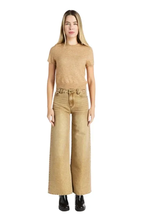 Tractr Wide Leg Pants in Lurex Khaki