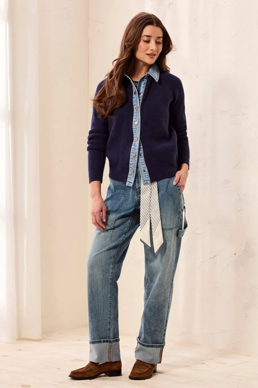 TRIBAL Mixed Media Sweater Jacket with Denim Detail
