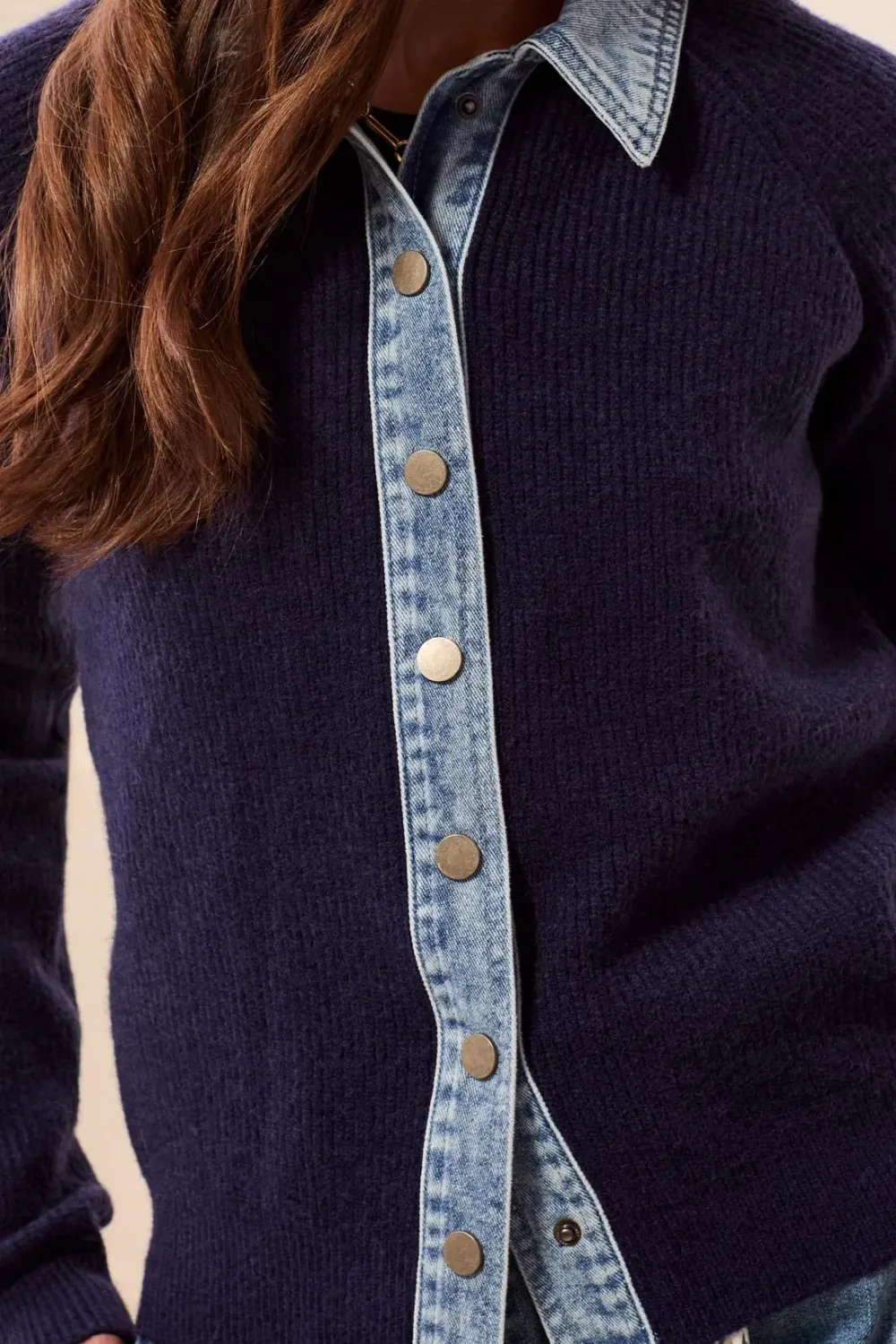 TRIBAL Mixed Media Sweater Jacket with Denim Detail