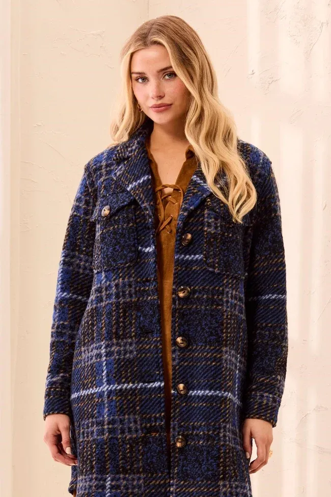 TRIBAL Knit Plaid Notch Collar Shacket