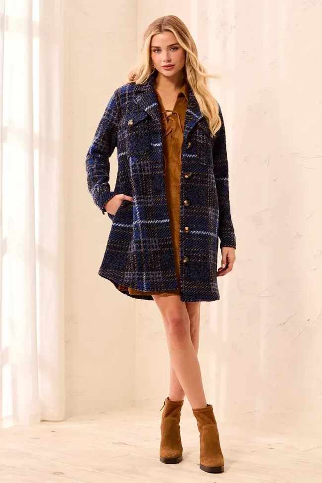 TRIBAL Knit Plaid Notch Collar Shacket