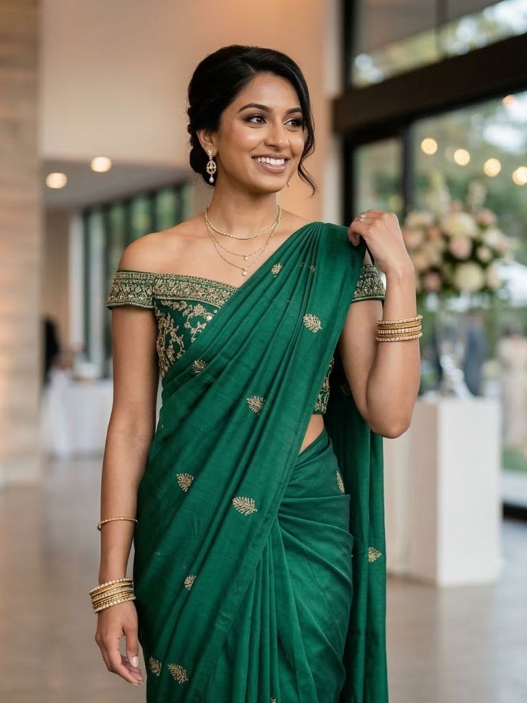Wedding guest wearing a ready-to-wear saree in the USA