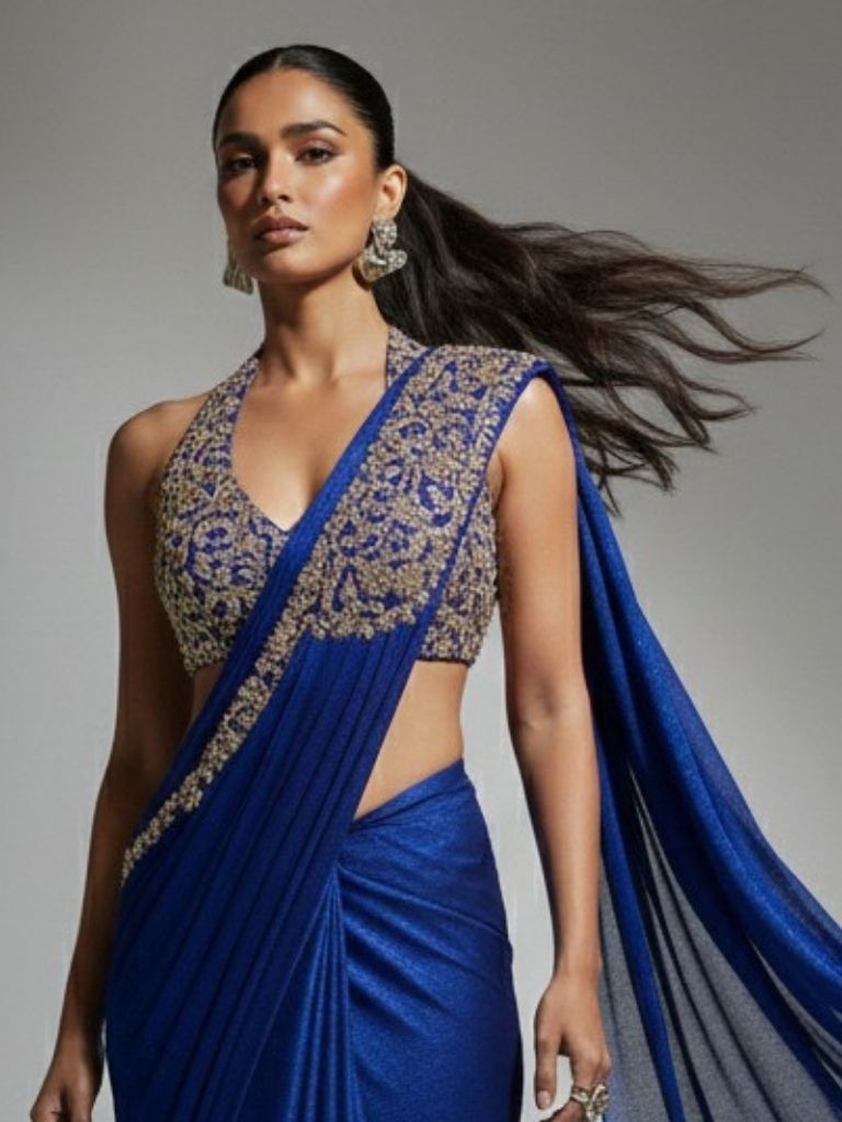 Woman in a party wear pre-draped saree at an evening event