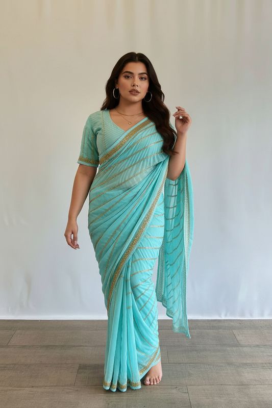 Cyan Ready-to-Wear Saree – Elegant Pre-Draped Wedding Guest Saree cyan ready to wear pre draped saree with thread aari and tube bead embroidery for indian wedding guest