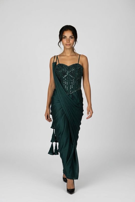 emerald green ready to wear pre draped saree with tube bead and sequin embroidery for indian wedding guest