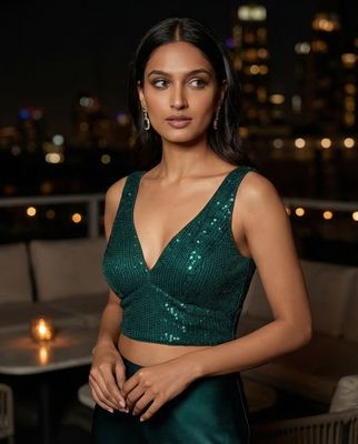 net sleeveless saree blouse with sequins and aari thread embroidery v shaped neckline