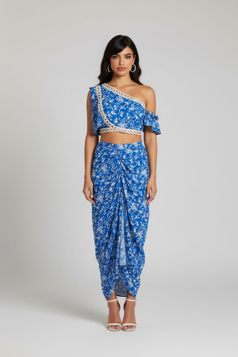 Blue Floral Indo-Western Saree Dress – Modern Fusion Wedding Guest Outfit