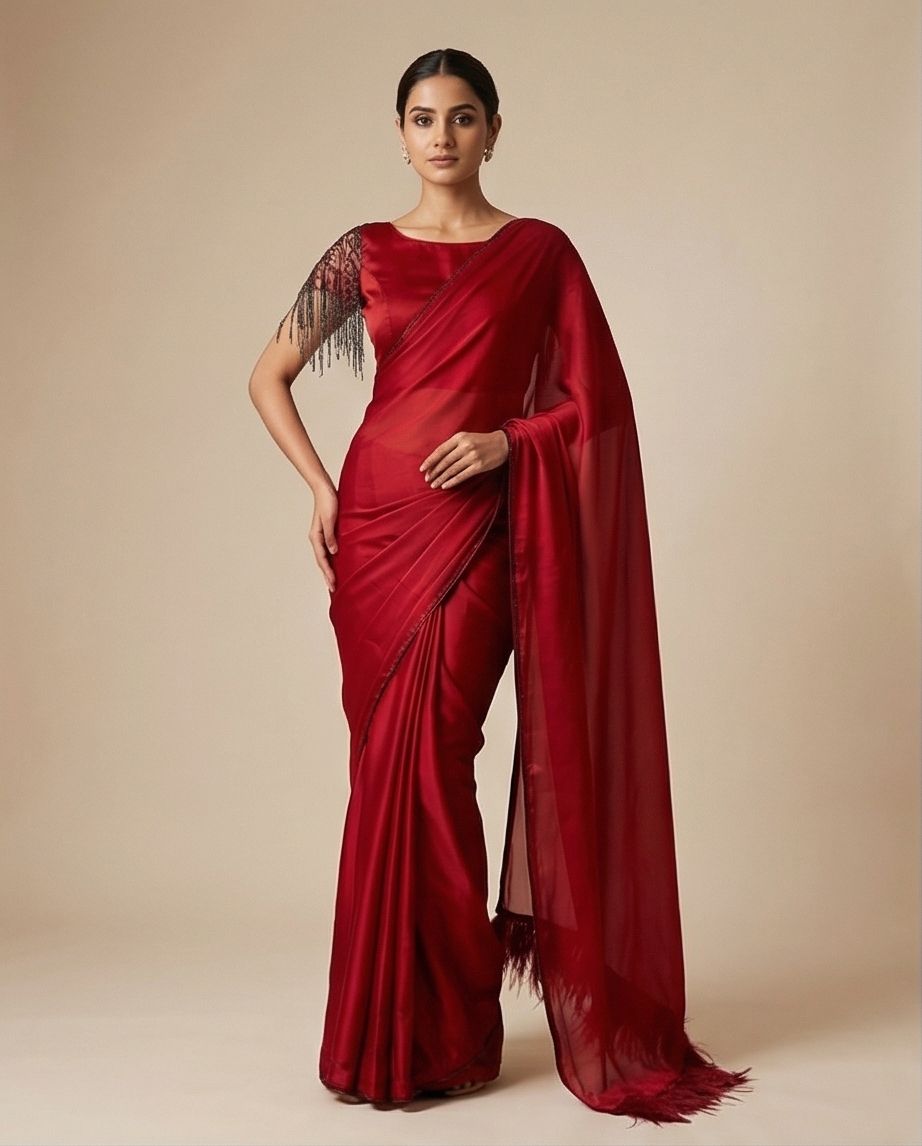 Burgundy Red Ready-to-Wear Saree – Elegant Pre-Draped Wedding Guest Saree