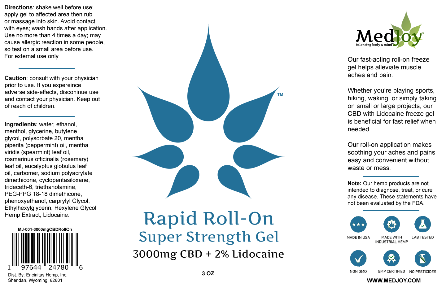 MedJoy™ Rapid Roll-On Super Strength Gel with 3000mg CBD & 2% Lidocaine - 3 oz