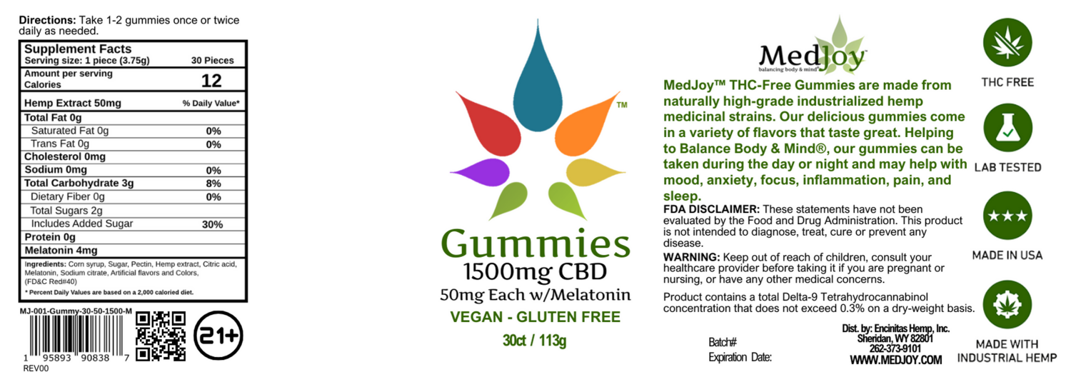 THC-Free 1500mg Vegan and Gluten Free CBD Gummies with Melatonin