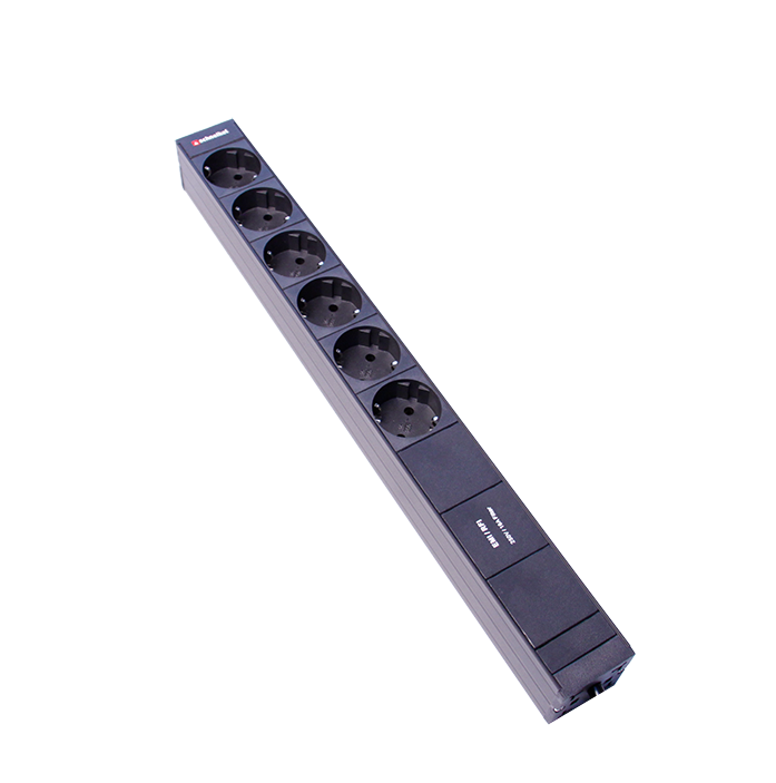 Steckdosenleiste 19" 1HE 6xTyp F (CEE 7/3) schwarz (Schutzkontakt) Stecker Typ F (CEE 7/4), mit Netzfilter