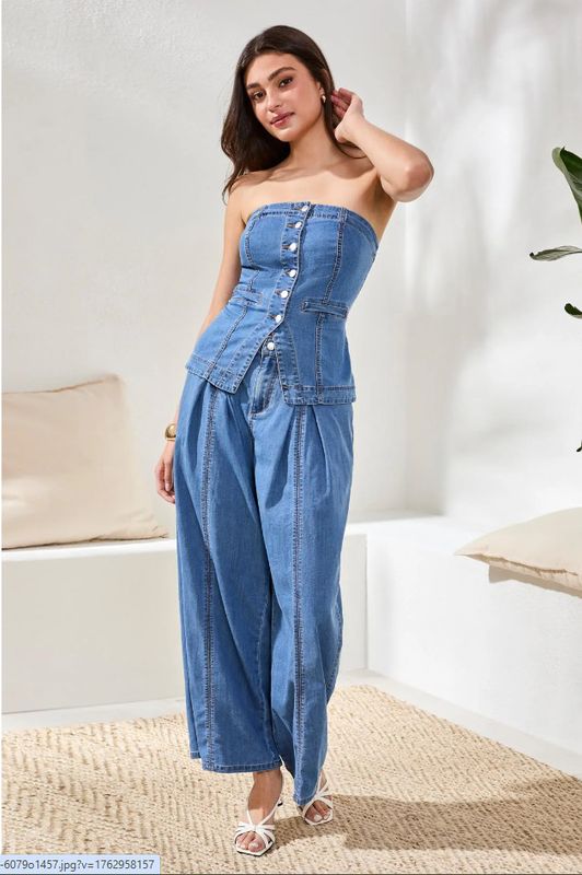 60790 Tribal Brooke Front Pleated Wide Leg Flowy Denim Pants