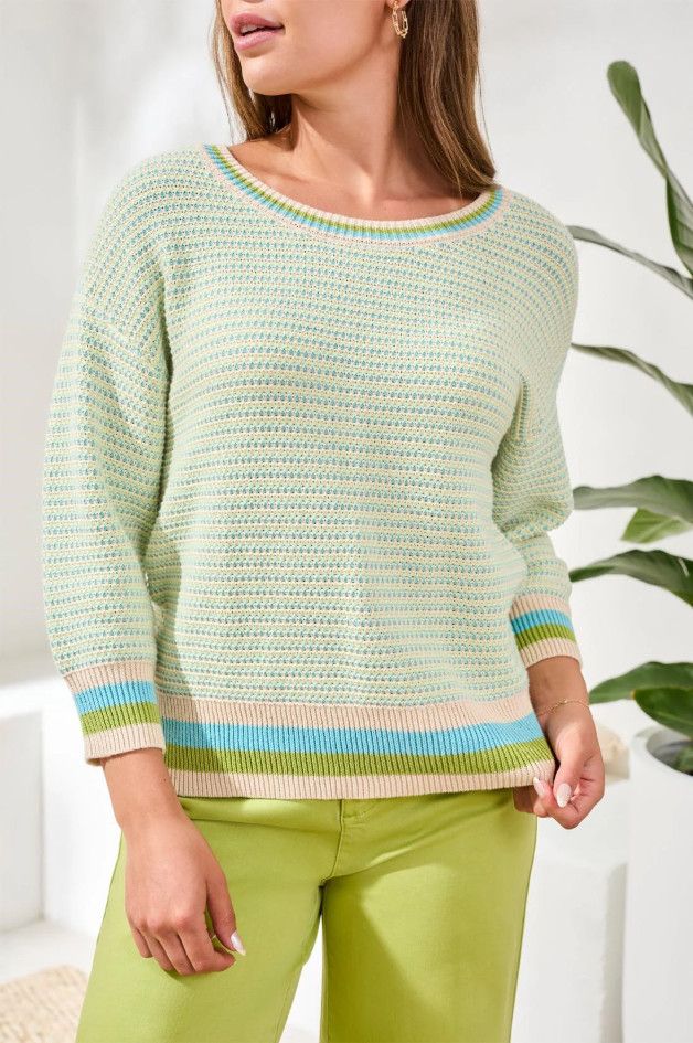 24610 Tribal Scoop Neck Cotton Stripe Sweater
