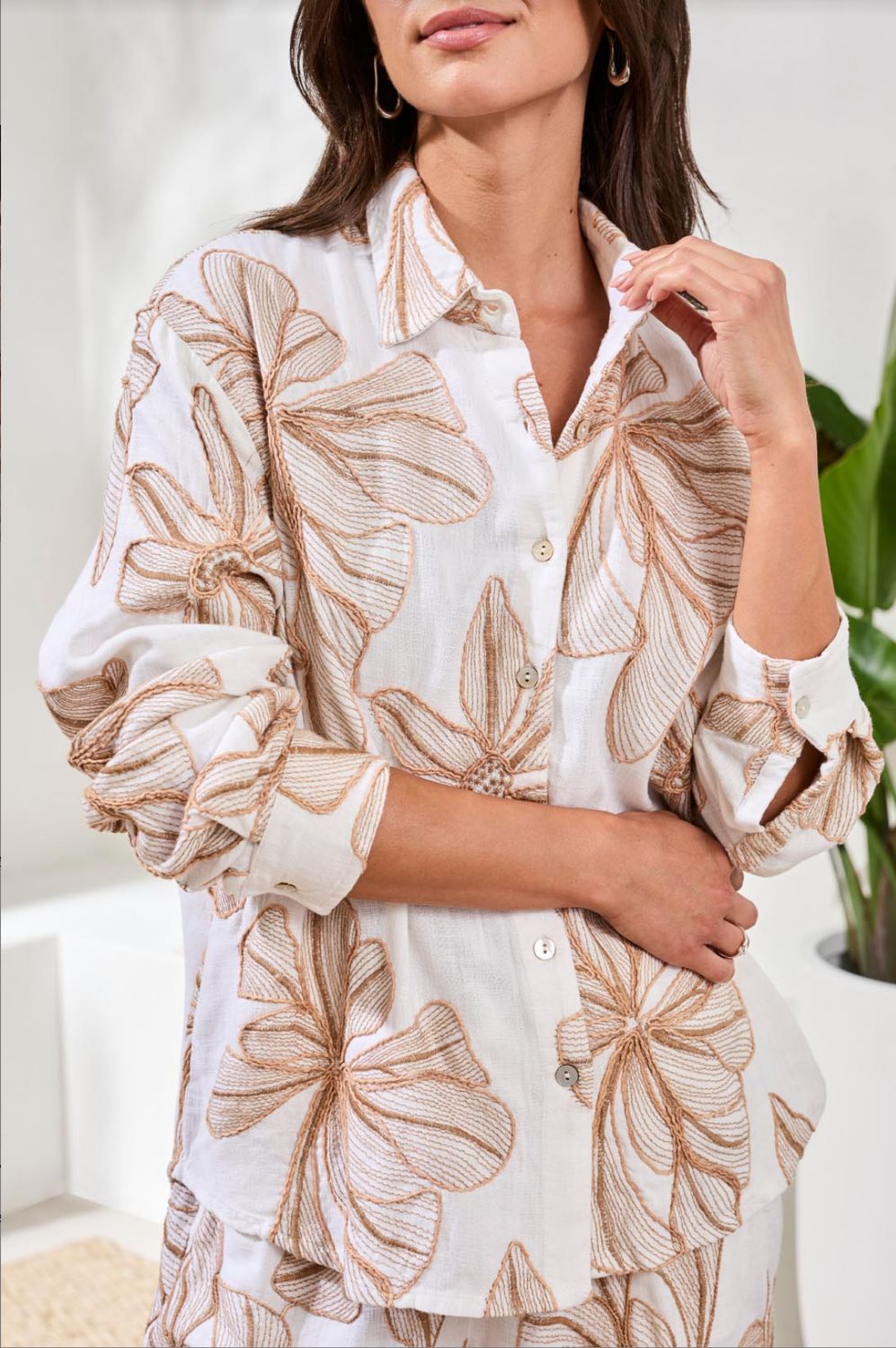 30010 Tribal Embroidered Button Front Blouse, Color: WHITE, Size: SM