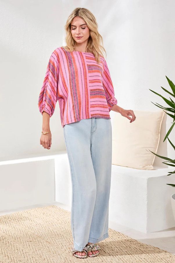57520 Tribal Linen Boat Neck Blouse