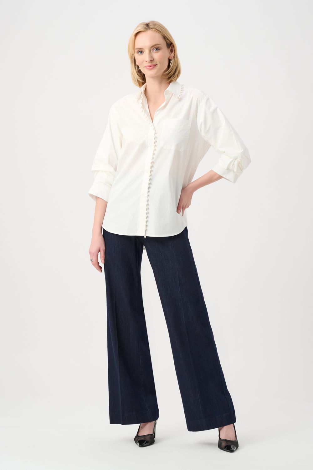263923 Joseph Ribkoff Cotton Poplin Pearl Trim Boxy Blouse
