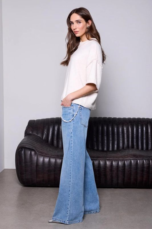 63140 Tribal Blue Thread Pleated Drama Wide Denim