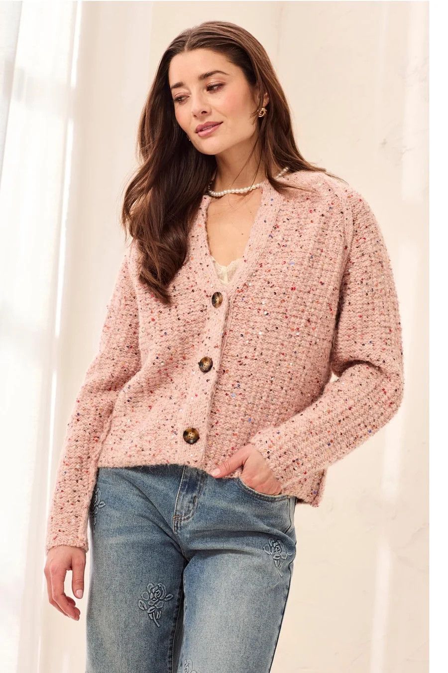 63010 Tribal Sequined Button Front Cardigan
