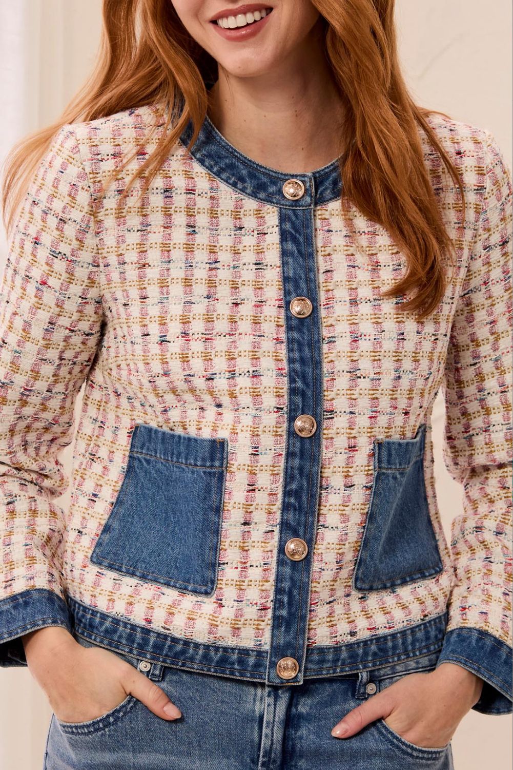 63280 Tribal Mix Media Tweed/Denim Jacket
