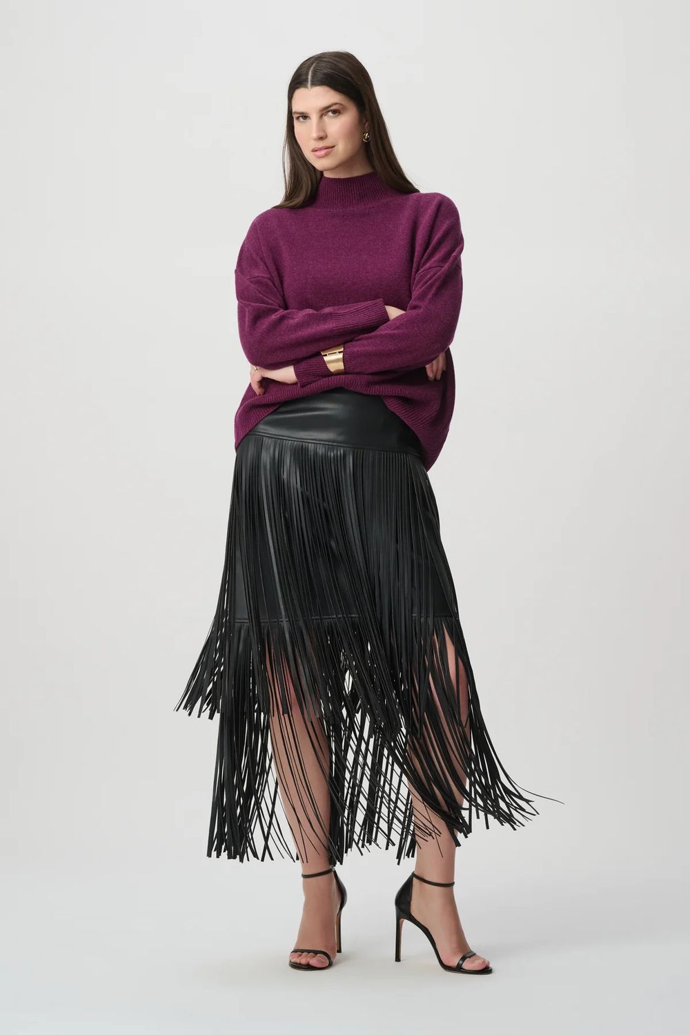 264972 Joseph Ribkoff Leatherette Fringe Skirt