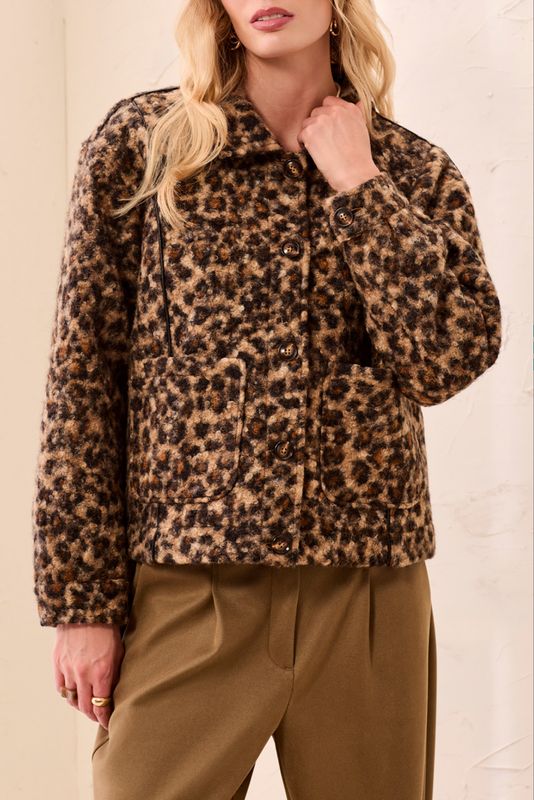 23700 Tribal Boucle Button Front Animal Print Jacket
