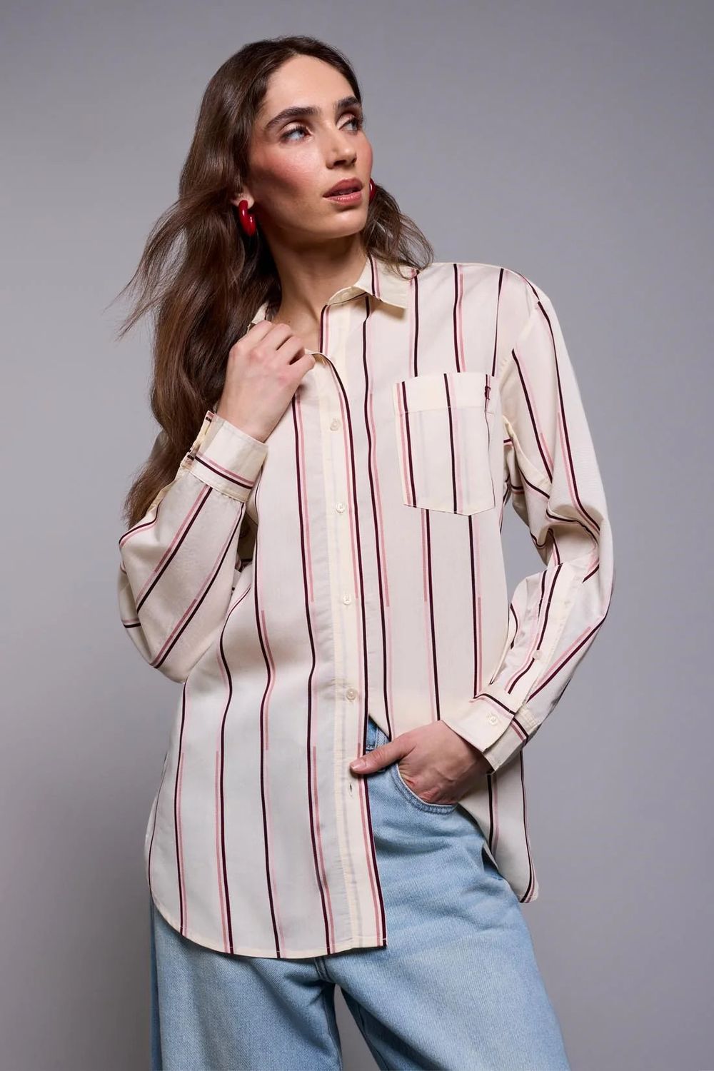 63320 Tribal Blue Thread Oversized Striped Blouse