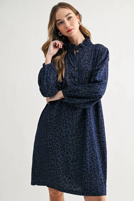 56372DN Joh Denim Ruffle Neck Tunic Dress