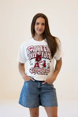 OCT127 Gameday Social UARK Maddux Semi Crop Tee