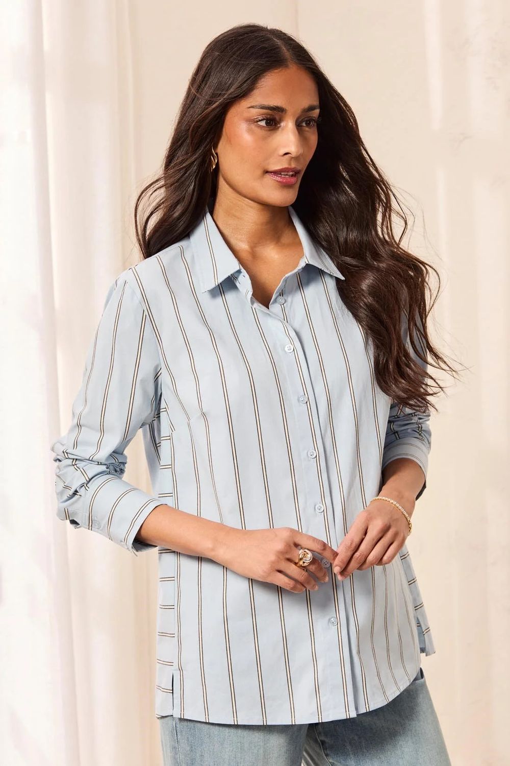 32040 Tribal Striped Stretch Button Front Shirt