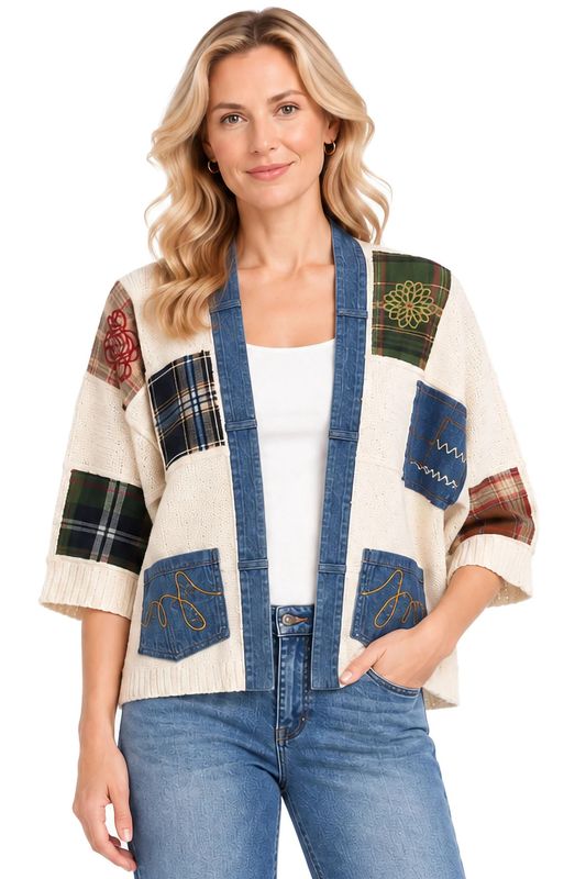 J46530JM John Mark Patchwork Shawl Cardigan